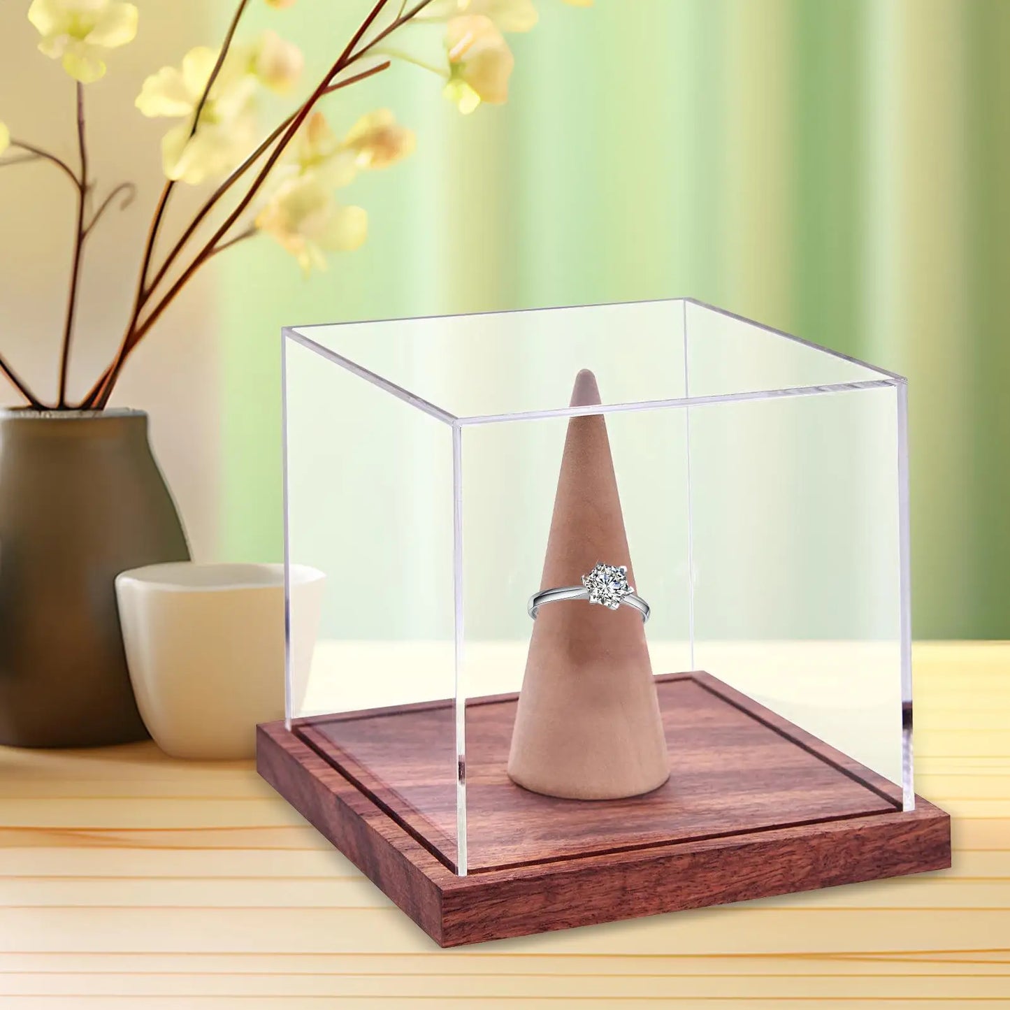 Ring Display Case Basball Ring Holder Wooden Base